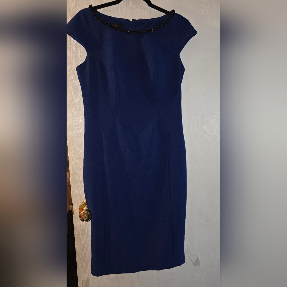 Nine West Womens Dress Midi Blue With Embelished Around Neck Size 6